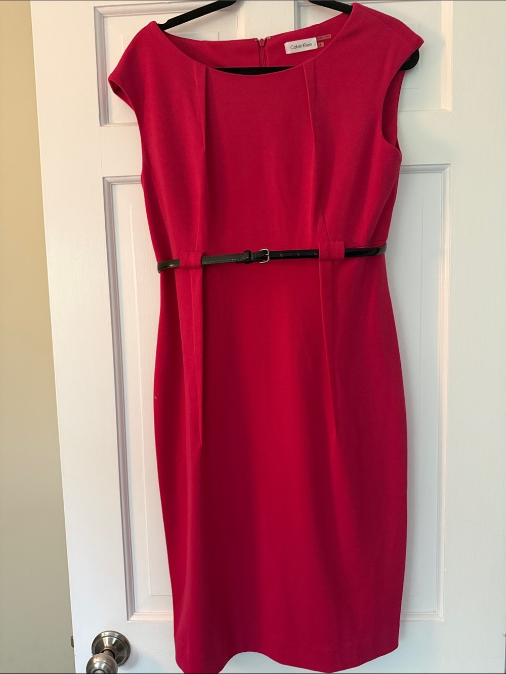 Calvin Klein Bright Red Midi Sheath Dress with Black Belt